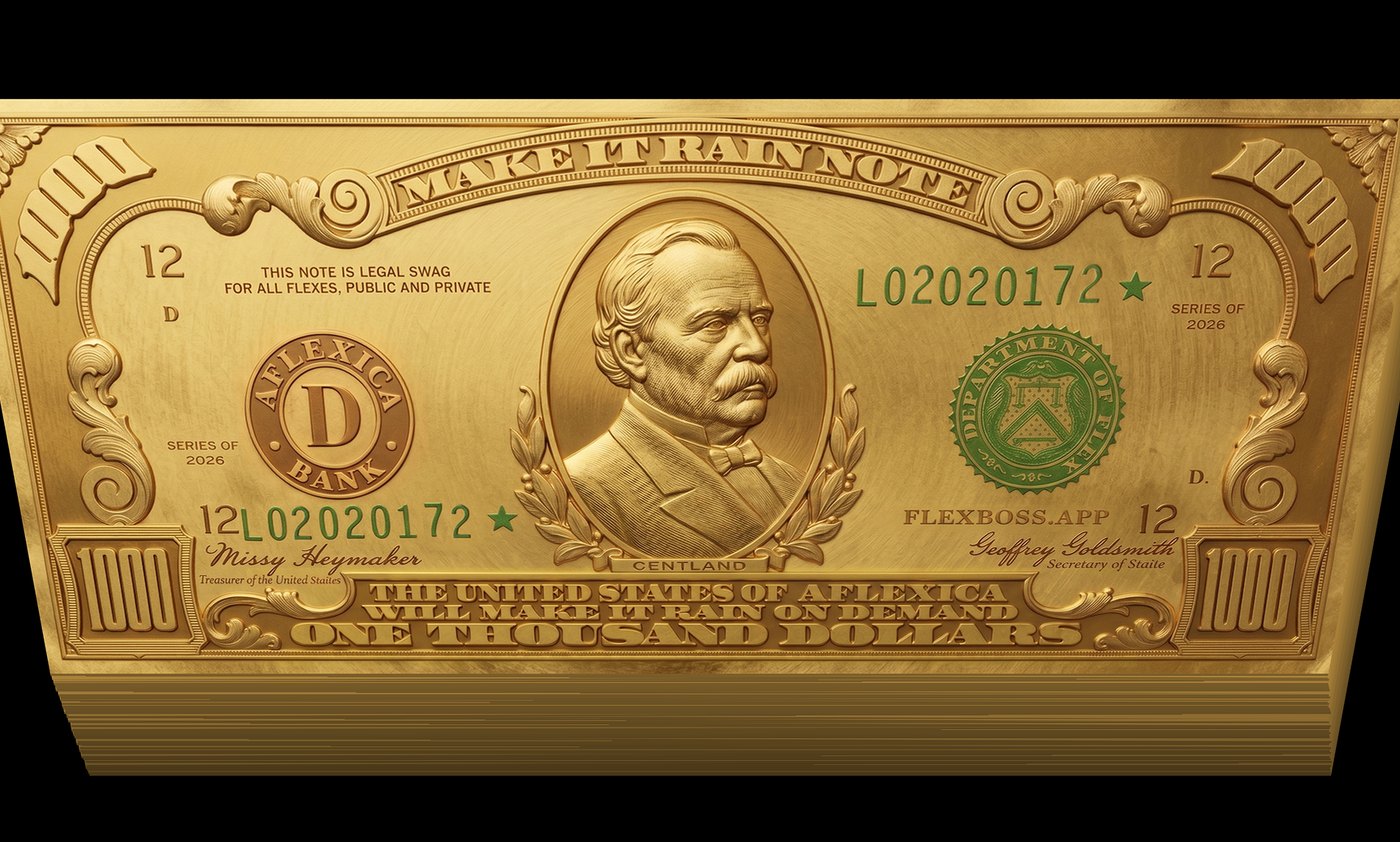 The FlexBoss thousand dollar note in gold